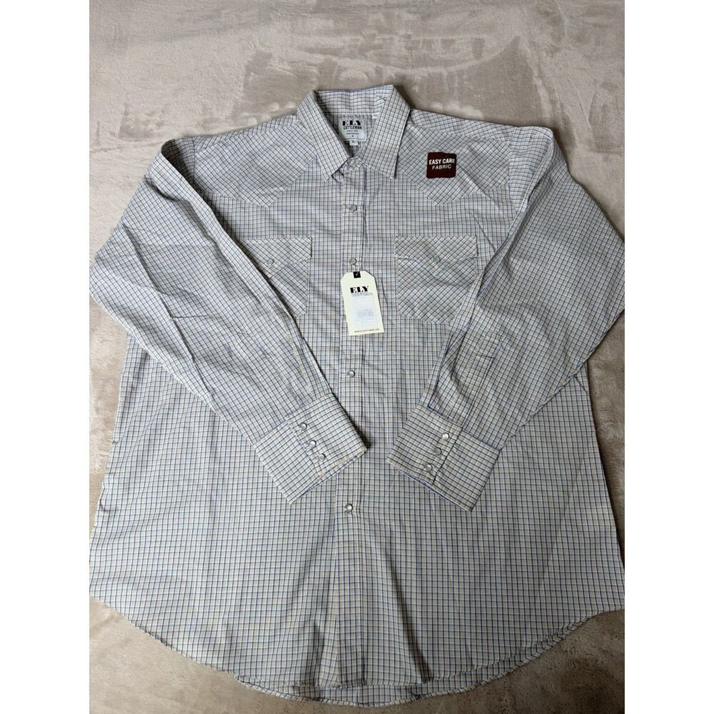 Ely Cattleman Men’s Western Pearl Snap Plaid Button Up Shirt XL NWT Tan Blue
